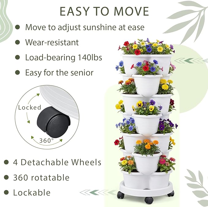 Umigy 2 Set White 7 Tier Stackable Vertical Planters with Removable Wheels and Tools Tower Planters Strawberry Herb Flower Vegetable Pots Indoor Outdoor Gardening Pots Umigy
