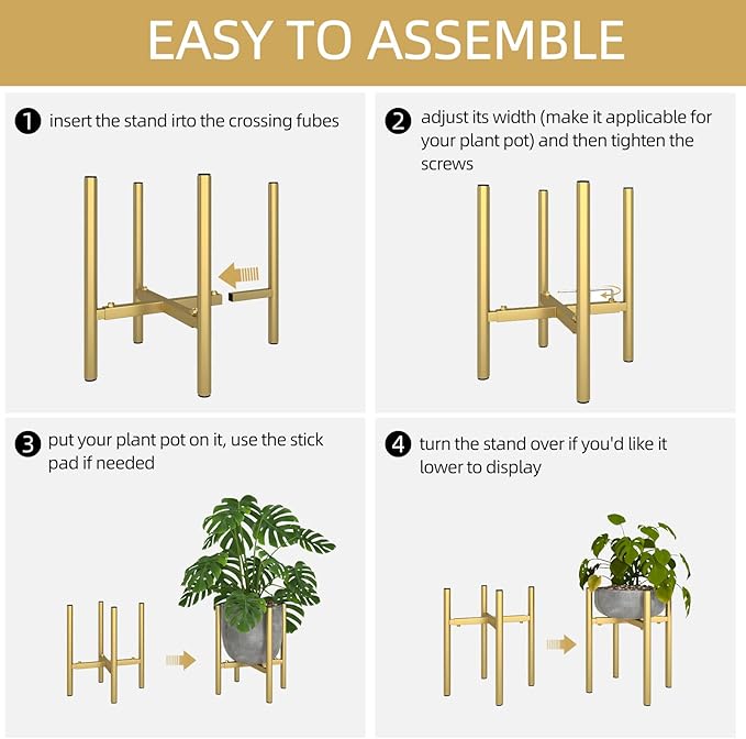 Adjustable Metal Plant Stand Indoor, Mid Century Modern Outdoor Planter Holder for 8 to 14 Inch Pots, Heavy Duty 160 LB Load, Corner Floor Stand for Home Garden Decor Golden HomecourtyardsInterio