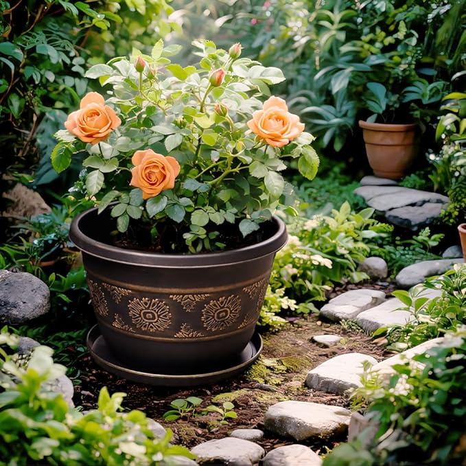 6 Pack 8 inch Plant Pots, Retro Pattern Planters with Drainage Holes and Saucer, Sturdy Plastic Garden Flower Pots for Indoor & Outdoor Plants Usocik