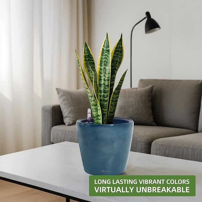Dexceder 9x8 Inches Self Watering Planter Indoor Outdoor, Inner Pot Design, Thickened Table Flower Plant Pot with Water Level Indicator (Grayish Green Gradient) Dexceder