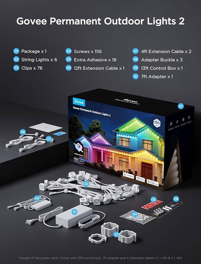 Govee Permanent Outdoor Lights 2, 100ft RGBIC Outdoor Lights with 16 Million Colors and 100 Scene Modes, IP67 Waterproof, Holiday & Party Decorations, Works with Alexa, Google Assistant, White Govee