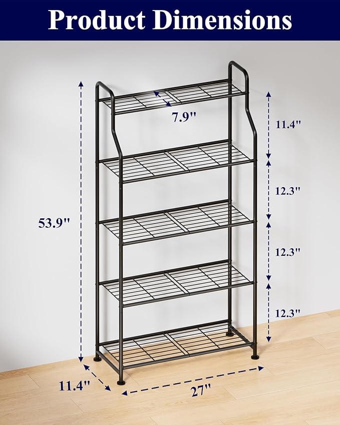 Kitsure Plant Stand Indoor & Outdoor - 5-Tier Metal Plant Shelf with Adjustable Leveling Feet, Easy to Assemble Planter Stand for Patio, Balcony, or Garden (Black, 27" x 11.4" x 53.9") Kitsure