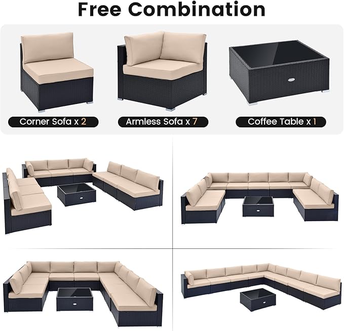 Tangkula 10 Pieces Patio Sofa Set, Outdoor Wicker Conversation Set with Soft Cushions, Tempered Glass Tabletop, Sofa Fastener Clips Included, Rattan Furniture Set for Backyard, Poolside (Beige) TANGKULA
