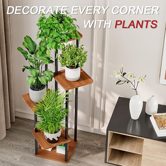 AZERPIAN Plant Stand 5 Tier Indoor Metal Flower Shelf for Multiple Plants Corner Tall Flower Holders for Patio Garden Living Room Balcony Bedroom, Walnut (5 Tier-Walnut) AZERPIAN