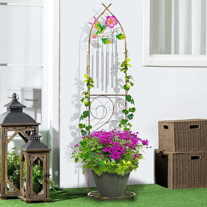 Garden Trellis with Plant Stands, 48” Metal Detachable Hummingbird Plant Pot Trellis with Wind Chimes for Climbing Plants Outdoor Lawn Patio Porches Decor SUNNYPARK