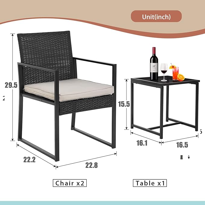 FDW | 3-Piece Patio Furniture Set | Khaki |Outdoor Wicker Furniture with Coffee Table | Modern Rattan Chairs Conversation Set | Outdoor Seating | Weather-Resistant | for Porch, Garden, Lawn FDW