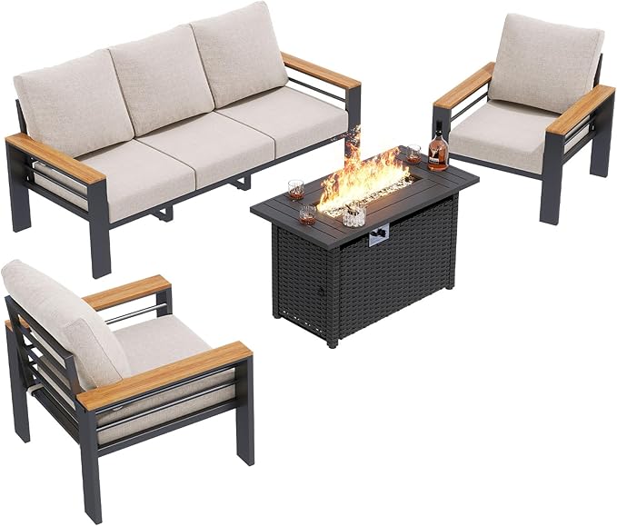 Aoxun Aluminum Outdoor Patio Furniture Set, 6-Piece Outdoor Sectional with 44'' Propane Gas Firepit Table, Patio Conversation Sets with Upgraded Armrests and Cushions for Backyard (Grey,5 Seats) Aoxun