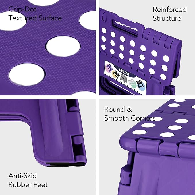 Delxo Folding Step Stool, 13 inch Non-Slip Foldable Stools Up to 300 LBS, Step Stool with Handle, Lightweight for Kitchen, Bathroom, Bedroom, Garden, Purple, 1PC Delxo