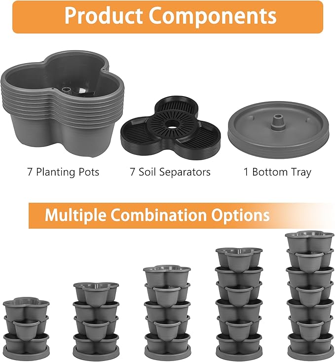 VECELO 7 Tier Vertical Garden Planter, Self Watering Stackable Planters with Wheels for Strawberries, Herbs, Flowers, Vegetables, Dark Gray VECELO