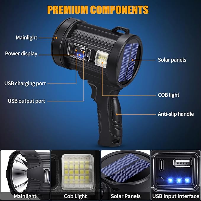 Rechargeable Spotlight, 99000 Lumens Bright LED Spotlight Flashlight, Long Running Spot Light Searchlight, Outdoor Handheld Spotlights with Solar Panels for Hunting,Camping,Boat,6 Spotlight Modes Sigoobal