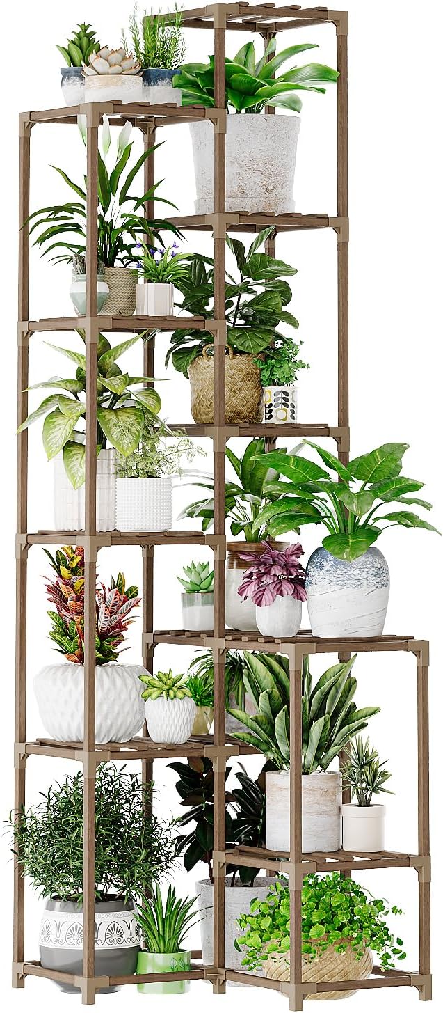 Bamworld 72" Tall Plant Shelf Indoor Outdoor Corner Plant Stand Large Plant Table Wood Plant Holder for 10 Pots Multiple Plants Patio Balcony Garden Office Home Decor Bamworld