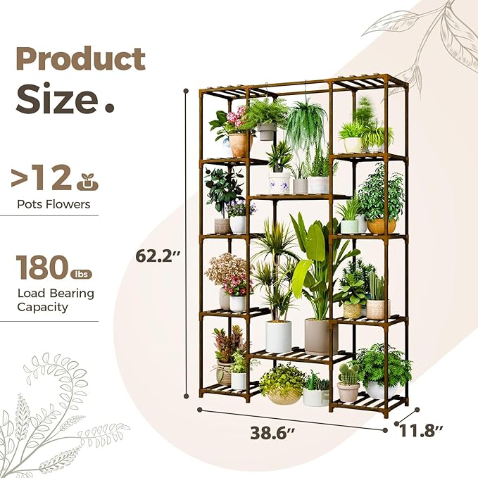 Bamworld 62.2'' Tall Plant Stand Indoor Large Plant Shelf for Multiple Plants Wood Flower Stand Outdoor Hanging Plant Rack for Living Room Garden Balcony Home Decor Bamworld
