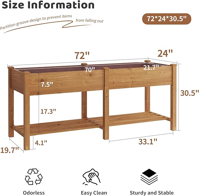 FILWH Raised Garden Bed with Legs Elevated Wooden Planter Box Stand Large Planter Stand Box for Fruits Vegetables Flowers with Divider with Bag- 72 * 24 * 30.5IN(Brown) FILWH
