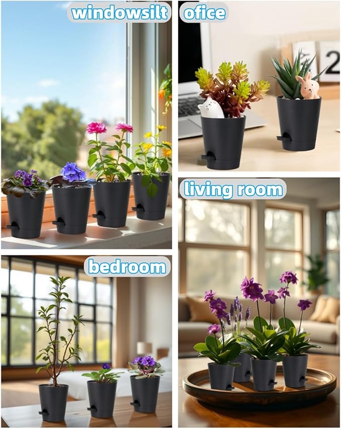 12 Pack 4 Inch Self Watering Plant Pots with Drainage and Saucers,Plastic Flower Pots for Indoor and Outdoor Plants, Nursery Planters for Houseplants and Herbs Black, 4 inch 12pcs zople