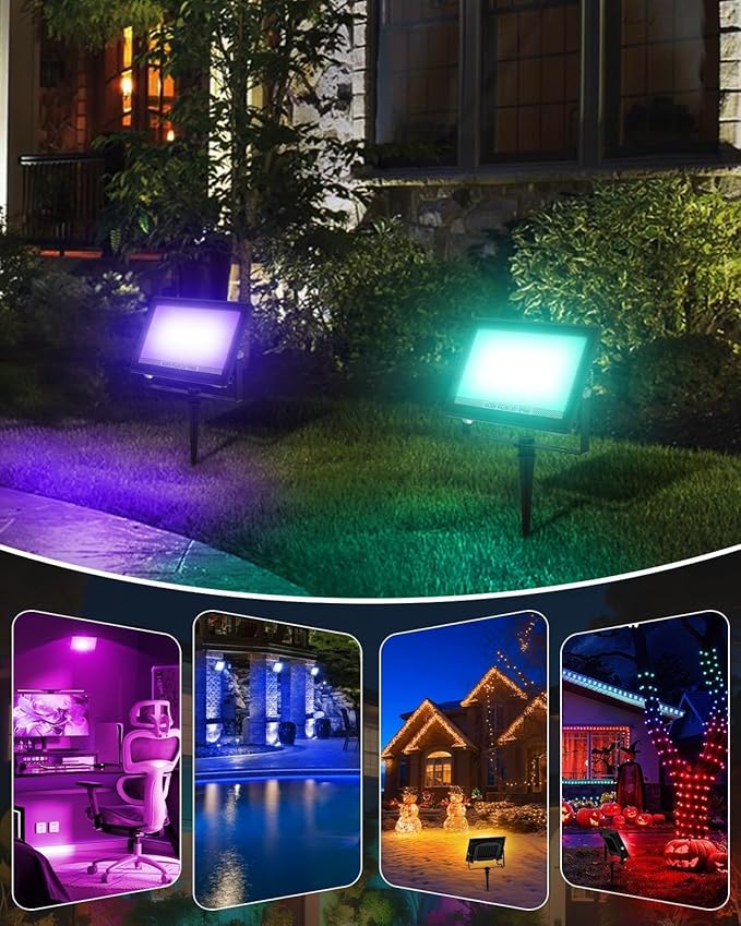 T-SUN Christmas Led Flood Light 60W, Outdoor Waterproof Color Changing Uplight for Stage Landscape Party, RGBW Dimmable Smart Floodlights 16 Million Colors&Timing& Music Sync, US Plug (4 Pack) T-SUN