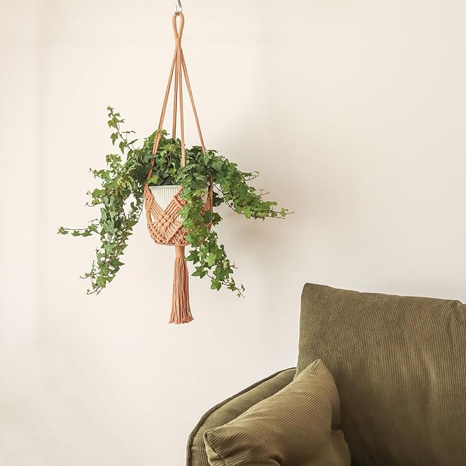 Hanging Planter with Patterns,2Packs Macrame Plant Hangers Indoor Macrame for up to 8 inch Pot Crochet Boho Plant Hanger Holder for Indoor Outdoor with 2S Shaped Stainless Steel Hooks (Caramel) XINBOR