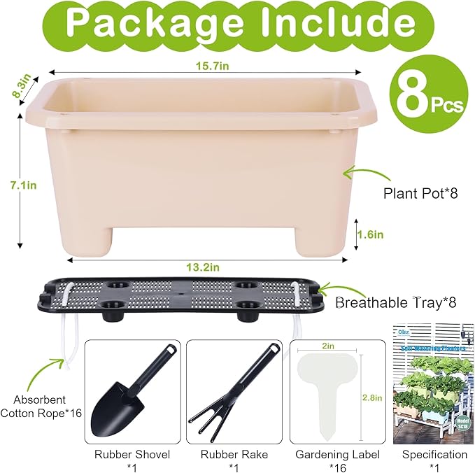 Self-Watering Rectangle Planter Boxes 8-Pack, 15.7-Inch Window Box Planter with Drainage Holes & Trays, Pots for Vegetables, Herbs, Flowers, Garden Windowsill Balcony (Yellow) Oliz
