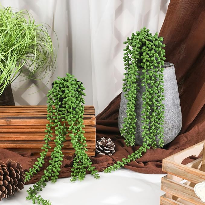 Floweroyal 2pcs Fake Hanging Plants Fake Potted String of Pearls Succulent Plants Small Faux Plants for Indoor Outdoor Shelf Wall Decor FloweroyalCrafts