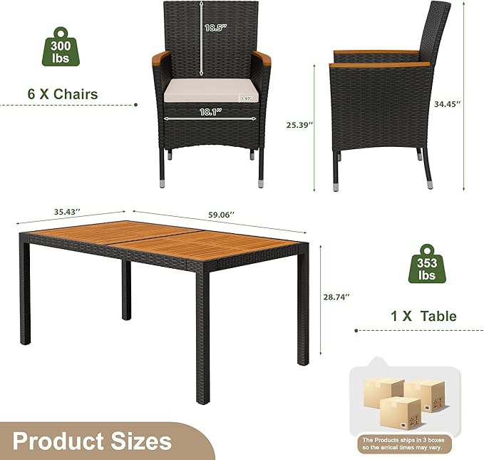 Devoko Dining 7 PCS Furniture, Patio Conversation Set with Acacia Wood Table Top, Outdoor, Beige Cushion and Black Rattan DEVOKO
