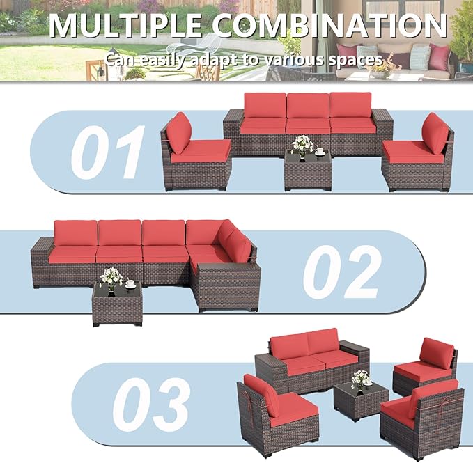 ALAULM 6 Pieces Patio Furniture Set, Oversized Seat/Armrest and High Back Wicker Sectional Furniture Set with Thick Cushion for Backyard, Garden, Red ALAULM