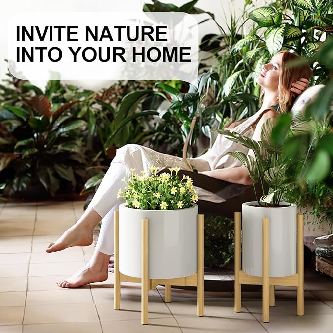 MUDEELA Plant Stand for Indoor Plants: Adjustable Width Fits 8-12 Inch Pots - Mid-century Modern Bamboo Plant Stand - 14.5 Inch Single Tier Small Floor Plant Holder, Natural, 2 Pack (Without Pot) MUDEELA