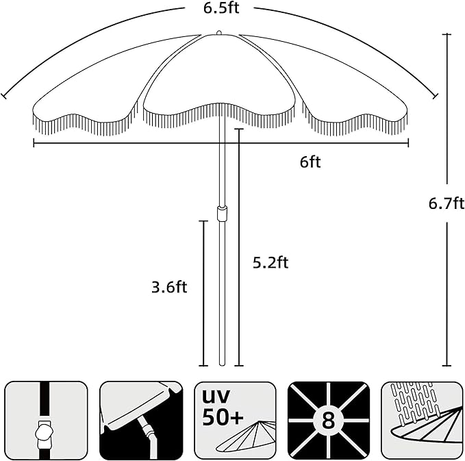 AMMSUN Boho Fringe Umbrella Outdoor Patio, 6.5ft UPF50+ Picnic Umbrella with Tassels with Steel Pole and Push Button Tilt, Noble Black AMMSUN