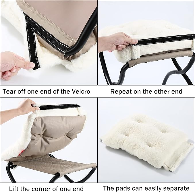 15" Foldable Foot Stool Ottoman with Metal Frame - Washable Faux Fur Beige Upholstered Indoor/Outdoor Footrest for Living Room, Bedroom, Patio - Space-Saving Compact Design WELL-STRONG