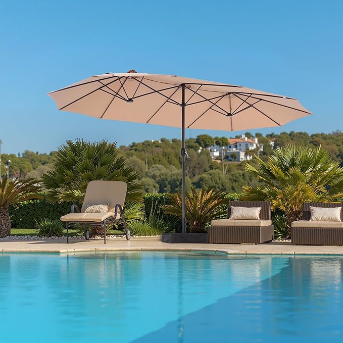 DUMOS 15FT Large Patio Umbrella with Base Included, Heavy Duty Extra Wide Outside Umbrella with 12 Ribbed Bars, Rectangle Outdoor Table Umbrella for Patio, Backyard, Pool, Deck & Garden,Khaki DumosLifestyle