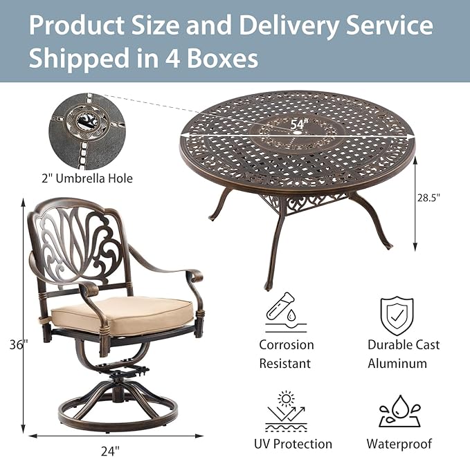 7-Piece Cast Aluminum Patio Furniture, Patio Dining Set for 6 Include 54" Round Outdoor Dining Table and 6 Swivel Chairs with Cushions & Umbrella Hole (Bronze) Rootora