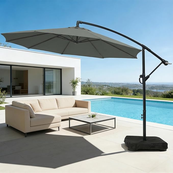 wikiwiki 10ft Patio Umbrella with Base Included, Outdoor Offset Cantilever Umbrella with Sandbag Base for Backyard, Garden and Pool, Easy to Tilt and Crank, Dark Gray WikiwikiPatioUmbrellas