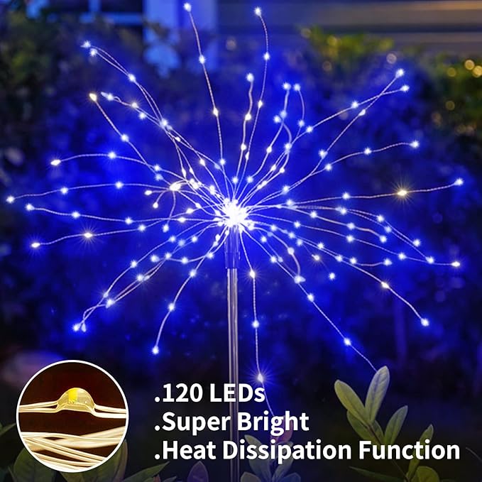 YOTOZU 2 PCS Solar Firework Light, Outdoor Solar Garden Decorative Lights 120 LED Powered 40 Copper Wires String DIY Landscape Light for Walkway Pathway Backyard Christmas Decoration Parties (Blue) YOTOZU