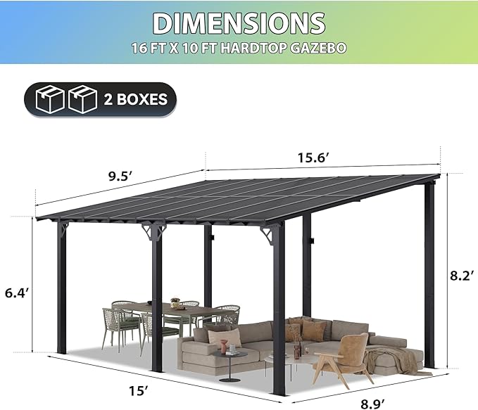 Aoxun 16'x 10' Premium Gazebo with Aluminum Top Frame & Polycarbonate Panel, Wall Mounted Gazebos Pergola, Outdoor Patio Lean to Gazebo, Awnings with Sloped Roof, for Backyard, Porch, Deck Aoxun