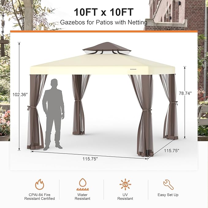 Patio Gazebo Tent Outdoor Canopy Shelter 10'x10' with Removable Netting,100 Square Feet of Shade for Garden, Backyard Deck and Lawns (Beige) GOJOOASIS