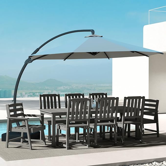 9-Piece Grey Outdoor Dining Set with Beige 11FT Large Patio Umbrella, 75.2'' HDPE Table & Chairs for 8, Weather-Resistant Furniture with Umbrella Hole for Patio, Lawn, Poolside PatioKingdom