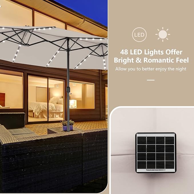 Tangkula 11 Pieces Rattan Outdoor Dining Set with 15Ft Solar Patio Umbrella for 8, Outdoor Wicker Table Set with 8 Cushioned Chairs, Acacia Wood Top, Outdoor Umbrella with Base Included TANGKULA