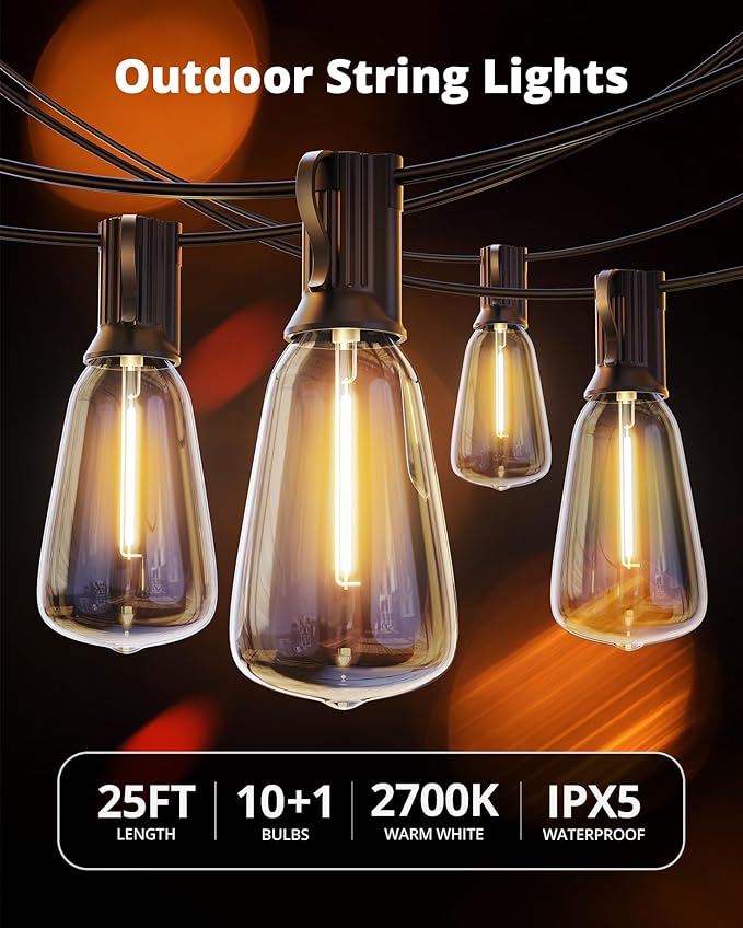 VIPAR Outdoor String Lights 25FT LED Patio Lights IPX5 Waterproof with 10+1 ST38 Shatterproof Edison Bulbs, 2700K Connectable Outside Hanging Light for Porch, Garden, Backyard, Deck, Balcony, Decor VIPAR
