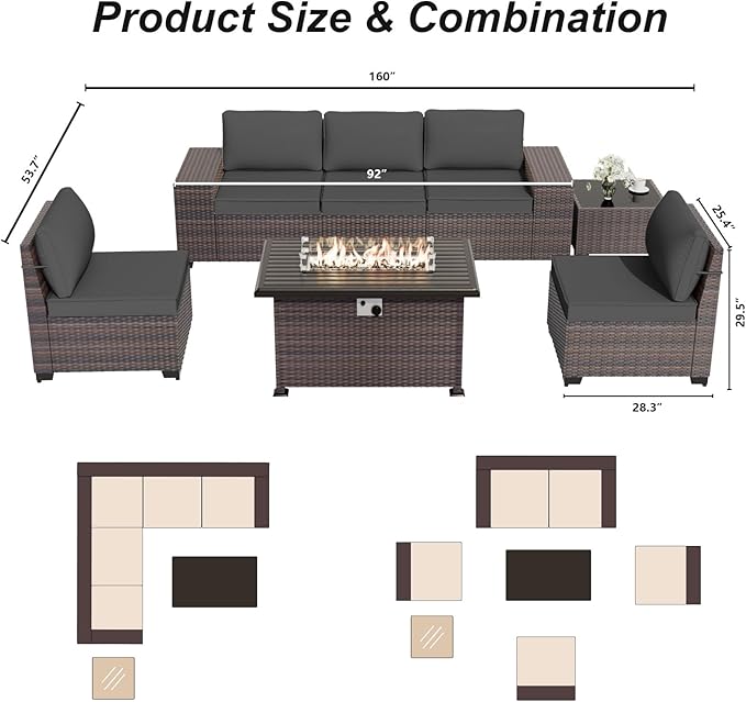 ALAULM 7 Pieces Patio Furniture Set with Fire Pit Table 55000BTU, Oversized Seat/Armrest and High Back Wicker Conversation Set with Thick Cushion for Backyard, Garden, Black ALAULM