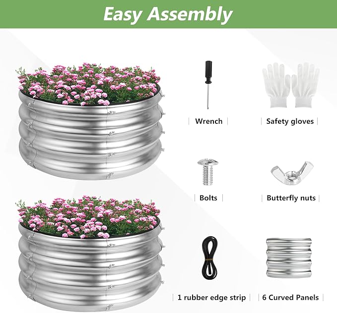 2 Pack 2x2x1ft Round Galvanized Raised Garden Bed Kits, Raised Garden Beds Metal Planter Outdoor Easy Assembly Garden Bed for Planting Vegetables, Fruits & Flowers, Sliver Liyarya