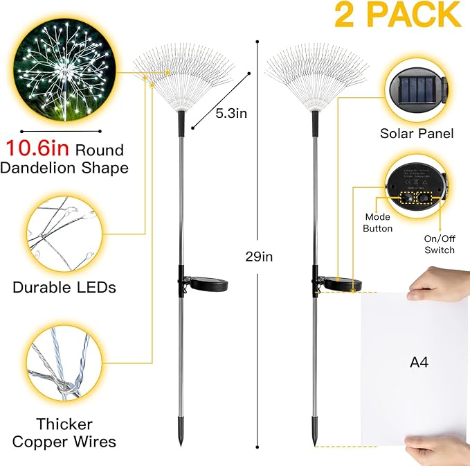suddus Solar Garden Lights Outdoor Waterproof Decorative, 2Pack 150LED Firework Lights, Solar Fairy Lights for Yard, Garden, Party, Patio, Pathway, Flowerbed - White SUDDUS