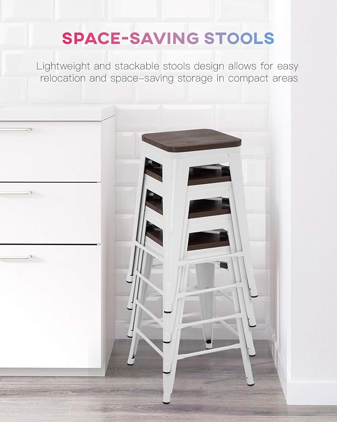 FDW Metal Bar Stools Counter Height Barstool Stackable Barstools Indoor Outdoor Patio Bar Stool Home Kitchen Dining Stool Backless Bar Chair (White with Wood, 24") FDW