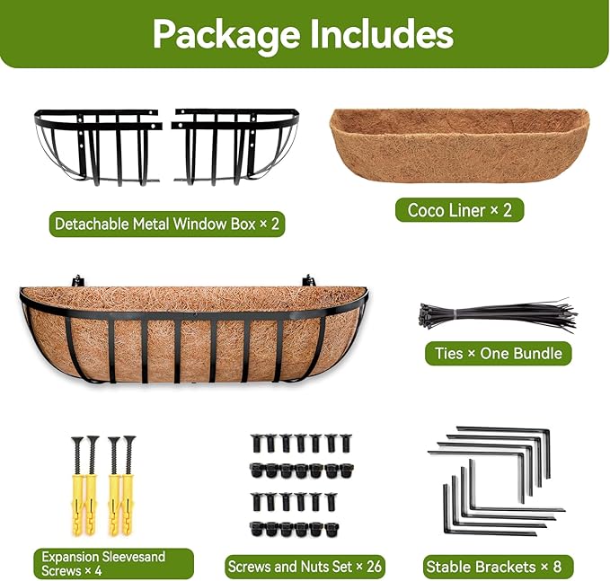 Halatool 2 Pack Heavy-Duty Metal Deck Railing Planter Box, 24 Inch Rust-Resistant Window Boxes Planters with Coco Liner & Adjustable Brackets, Grow More On Your Balcony, Patio & Fence HALATOOL