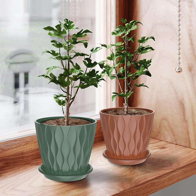 6 Pack 6 Inch Indoor Plant Pots with Drainage Holes, Outdoor Plastic Decorative Flower Pots, Garden Planters with Tray Saucers for Orchids, Violets, Succulents, Herbs, and Other Plants Rootora