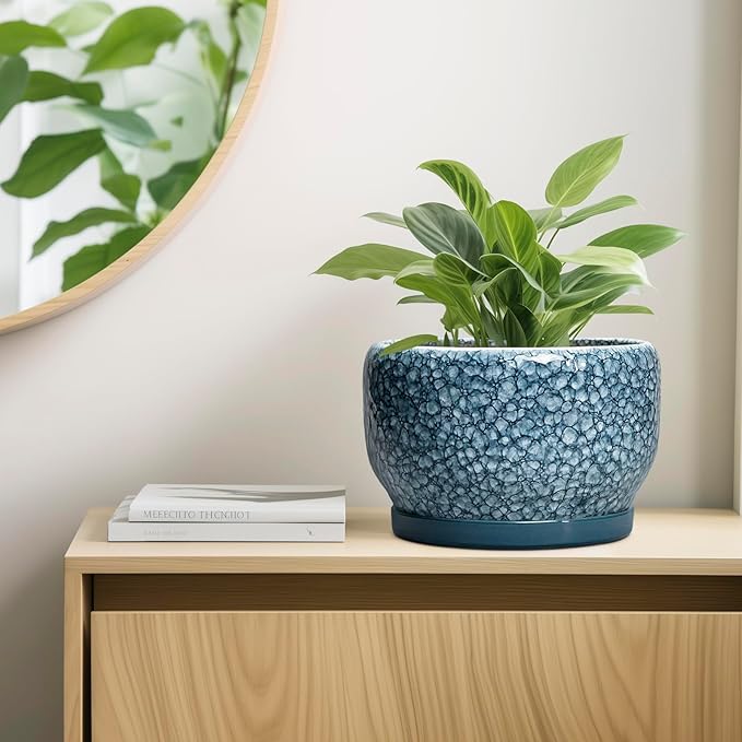 SQOWL Ceramic Planter - 10 Inch Plant Pot Indoor with Drainage Hole and Saucer, Decorative Flower Pots Outdoor, Ceramic Plant Pots, Large Round Planter, Home Patio Decor, House Warming Gifts, Blue SQOWL