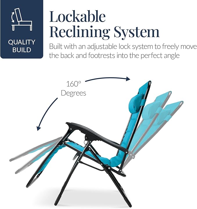 Best Choice Products Oversized Padded Zero Gravity Chair, Folding Outdoor Patio Recliner, XL Anti Gravity Lounger for Backyard w/Headrest, Cup Holder, Side Tray, Polyester Mesh - Aqua Blue BestChoiceProducts