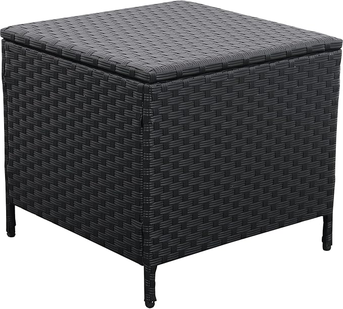 Outdoor Wicker Storage Side Table, Patio Black PE Rattan End Table with Storage, Square Container for Furniture Covers, Toys, and Gardening Tools Lvidenoutdoor