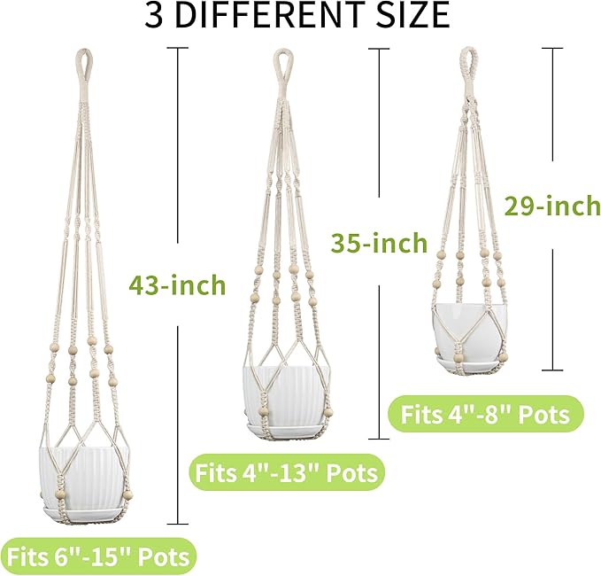 Macrame Plant Hanger - Fits 4 to 15 inches Pots for Indoor Outdoor, 43"/35"/29" Different Sizes Set, Ivory (POTS NOT Included) IDEEEPAN