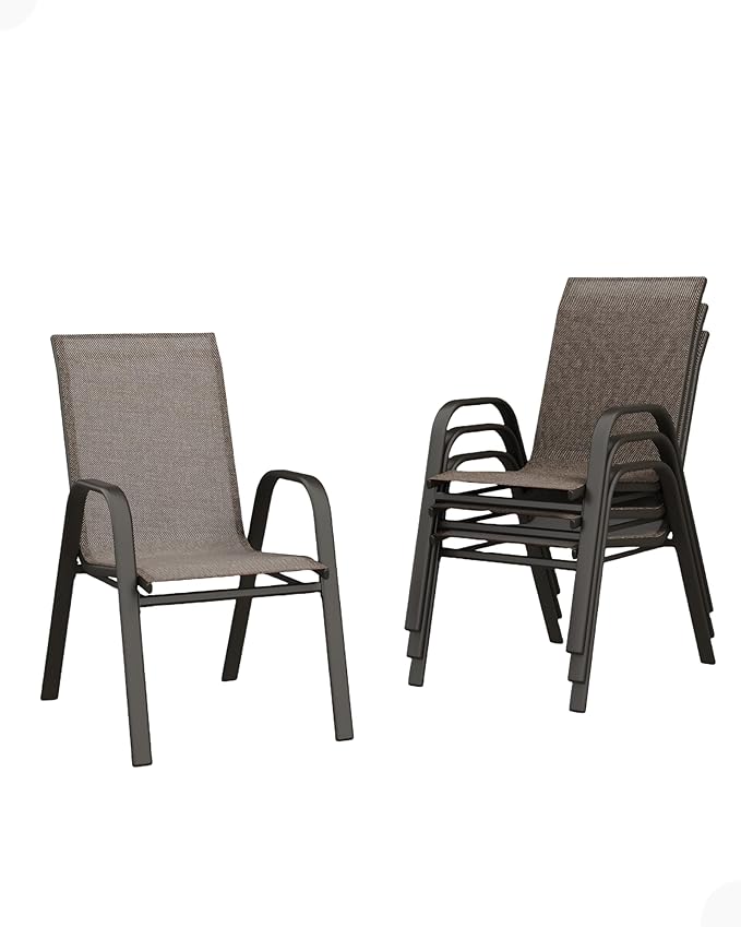Outdoor Stackable Dining Chairs Set of 4, High-Back Patio Stacking Chairs, Patio Chairs with Textilene Farbic & Metal Frame for Lawn Backyard Deck Garden,Brown Rootora