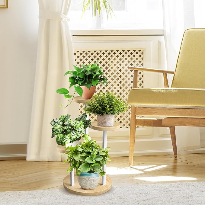 GEEBOBO 3 Tier Plant Stand Indoor, Metal Wood Plant Stands For Indoor Plants Multiple, Corner Tiered Flower Plants Shelf Stand for Living Room Bedroom, White GEEBOBO