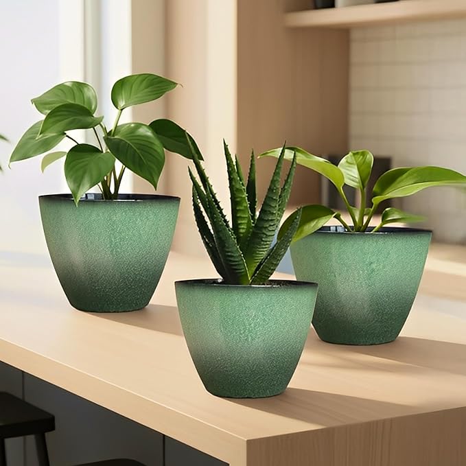 2 Pack Plant Pots for Indoor Outdoor Plants, 8 inch Plastic Flower Pots, Glazed Planter for Aloe, Herbs, Cactus (Green, 2pcs) Vanslogreen
