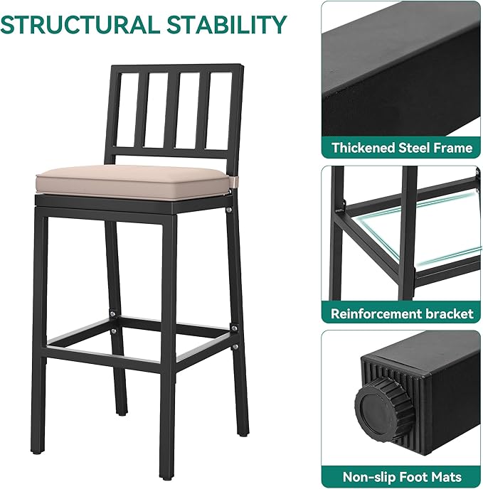 YITAHOME Outdoor Bar Stools Set of 2, Cushioned Metal Outdoor Bar Stools w/Vertical Stripe Back, All-Weather Patio Bar Stools for Balcony Backyard Porch Poolside YITAHOME